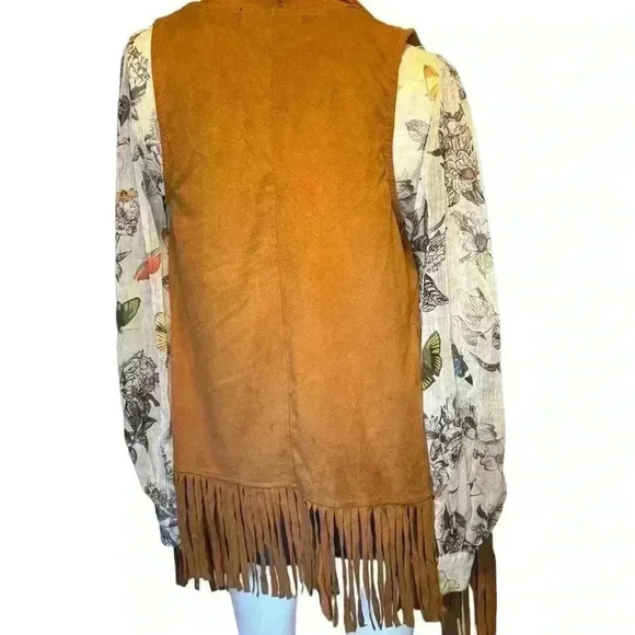 French Laundry Tan Faux Suede Fleece Lined  Draped Front fringe Vest Sz S. G#252 - Picture 6 of 10